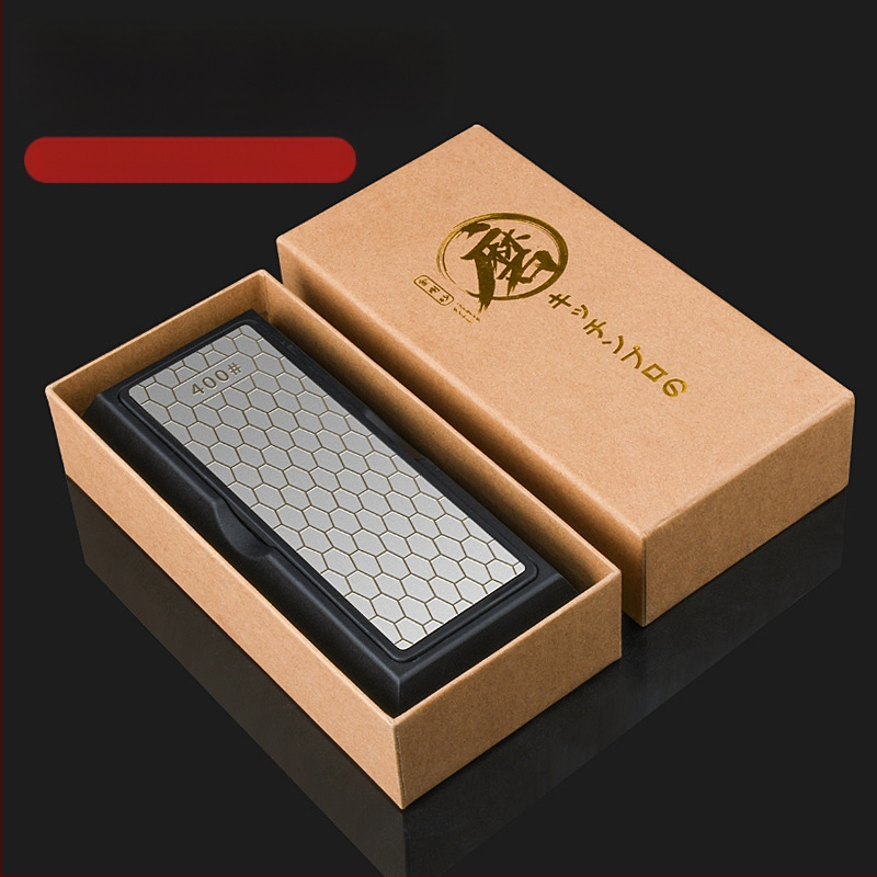 Dviejų pusių šlifavimo akmuo virtuvės peiliams, 400/1000 grūdų, su pagrindu, iš aukštos anglies plieno