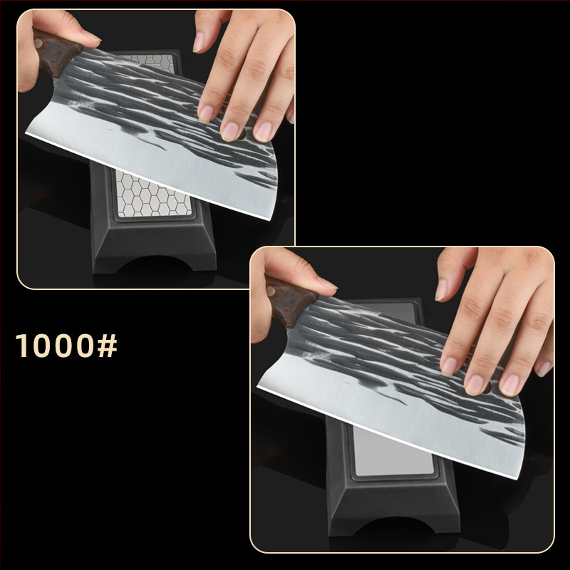 Dviejų pusių šlifavimo akmuo virtuvės peiliams, 400/1000 grūdų, su pagrindu, iš aukštos anglies plieno