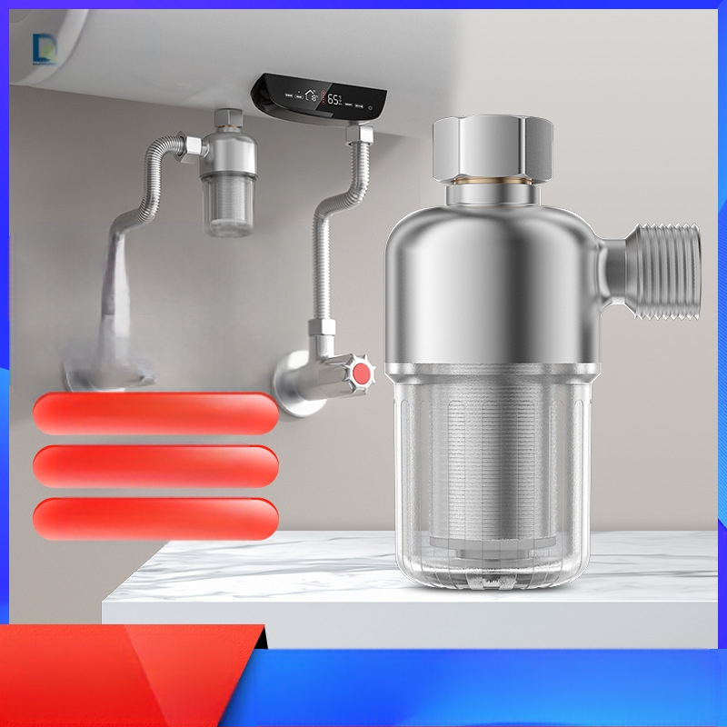 Priešfiltras vandens šildytuvui – namų naudojimui; nerūdijančio plieno filtras; dviejų pakopų filtravimas; keičiamas filtravimo elementas; dieninis našumas 3000 L; temperatūros diapazonas 1–65°C