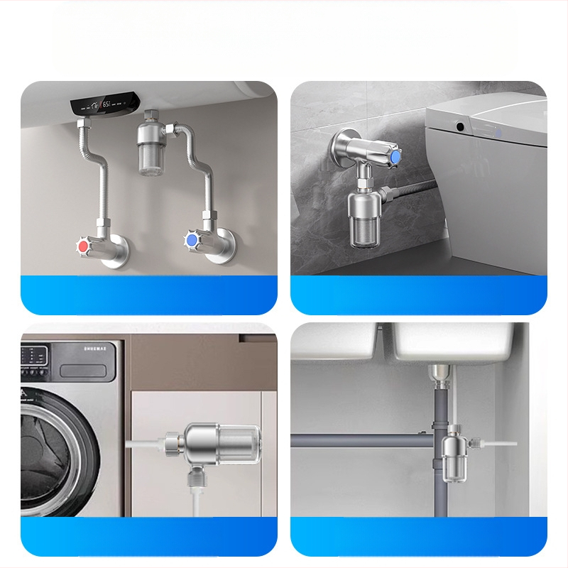 Priešfiltras vandens šildytuvui – namų naudojimui; nerūdijančio plieno filtras; dviejų pakopų filtravimas; keičiamas filtravimo elementas; dieninis našumas 3000 L; temperatūros diapazonas 1–65°C