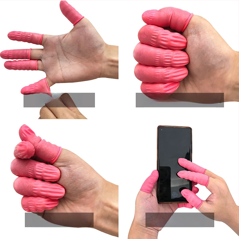 Vienkartiniai latekso piršto dangteliai, be miltelių, antistatikiniai; 500 g pakuotė (apie 900 vnt.); tinkama mikro-digitalinei, puslaidininkinei, fotoelektrinei ir PCB gamybai