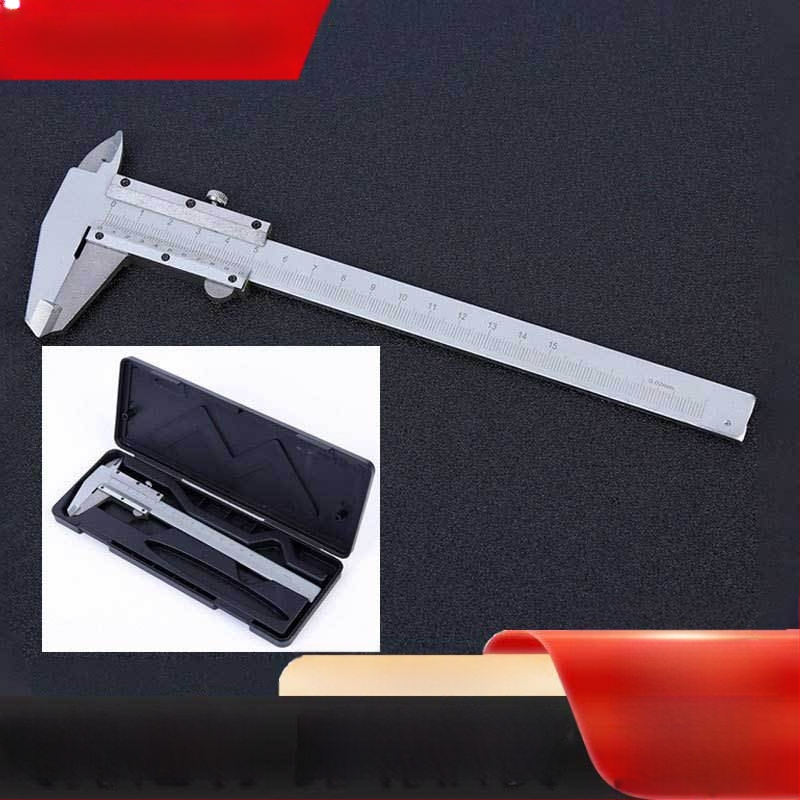 Vernier kaliperis su gilumo matavimo priemone – mechaninė liniuotė mokymams, plastikiniame dėžutėje