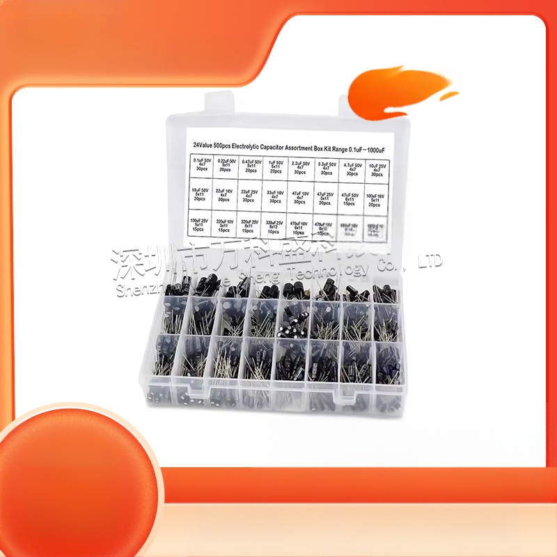 Комплект електролитни кондензатори с кутия за сортиране, 500 бр, 24 спецификации, диапазон 0.1-1000 µF