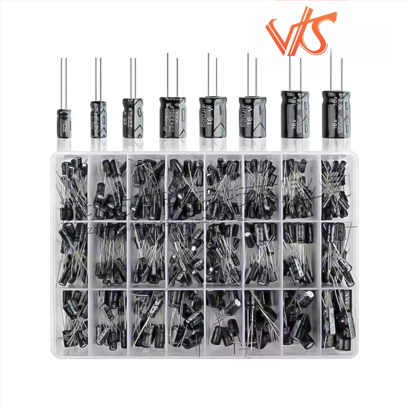 Комплект електролитни кондензатори с кутия за сортиране, 500 бр, 24 спецификации, диапазон 0.1-1000 µF