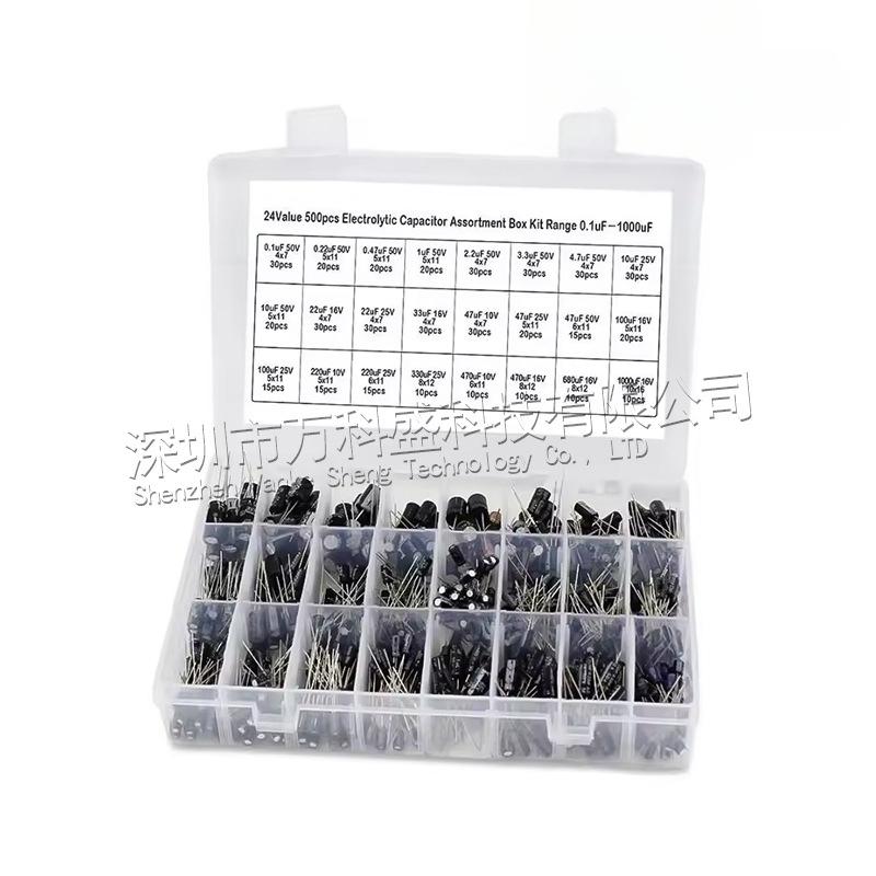 Комплект електролитни кондензатори с кутия за сортиране, 500 бр, 24 спецификации, диапазон 0.1-1000 µF