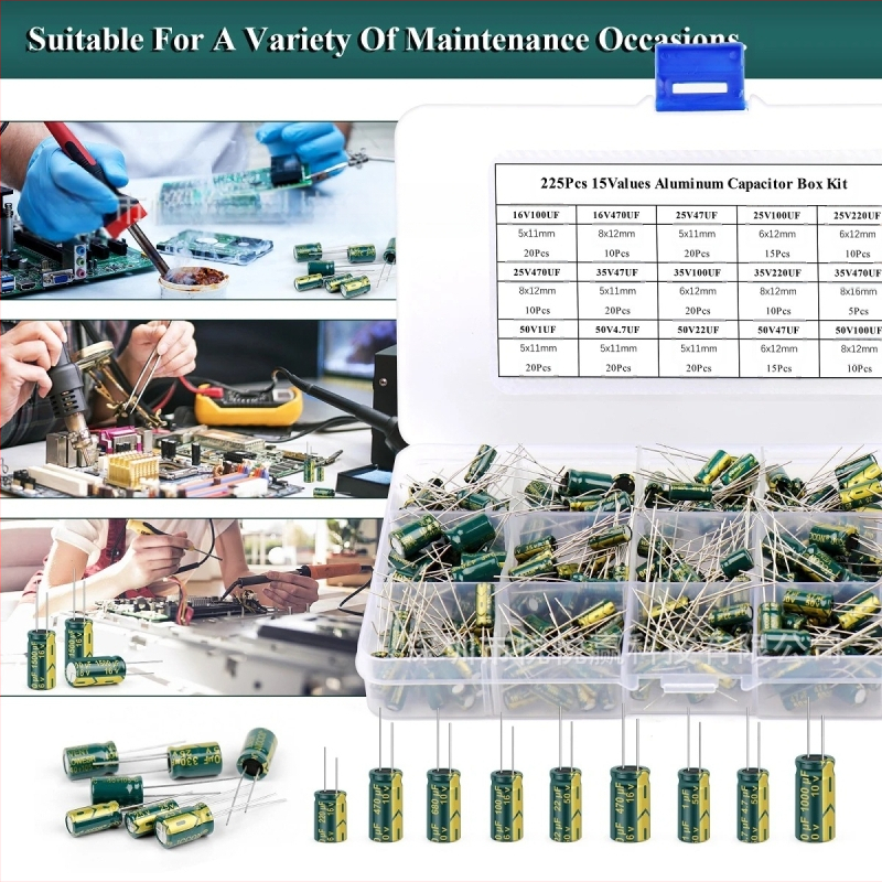 225 бр. комплект високочестотни алуминиеви електролитни кондензатори, 15 стойности на капацитета, разстояние между краищата 38.90 мм, опаковка: кутия