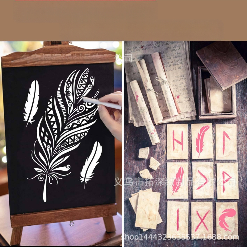 Plunksnos mandalos išpjovos šablonas sienų piešiniams purškiamais dažais - Prekės ženklas Depth Extension - Medžiaga PET