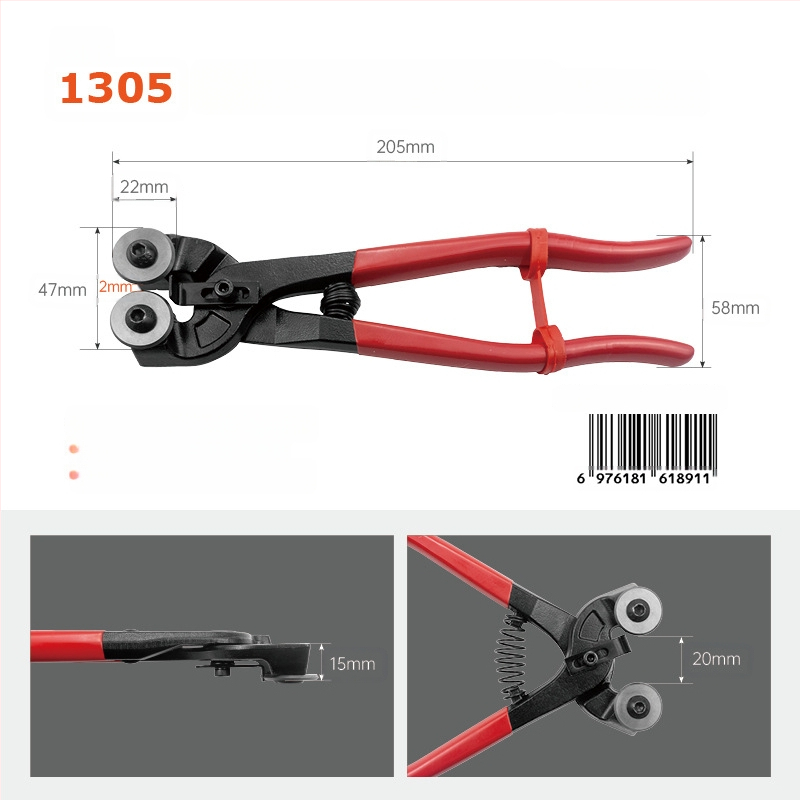 Mejialong knaibles flīzēm un stiklam ar apaļu atveri un dubultu rulli, mozaikas griešanas instruments, augstas oglekļa tērauds, 0,23 kg