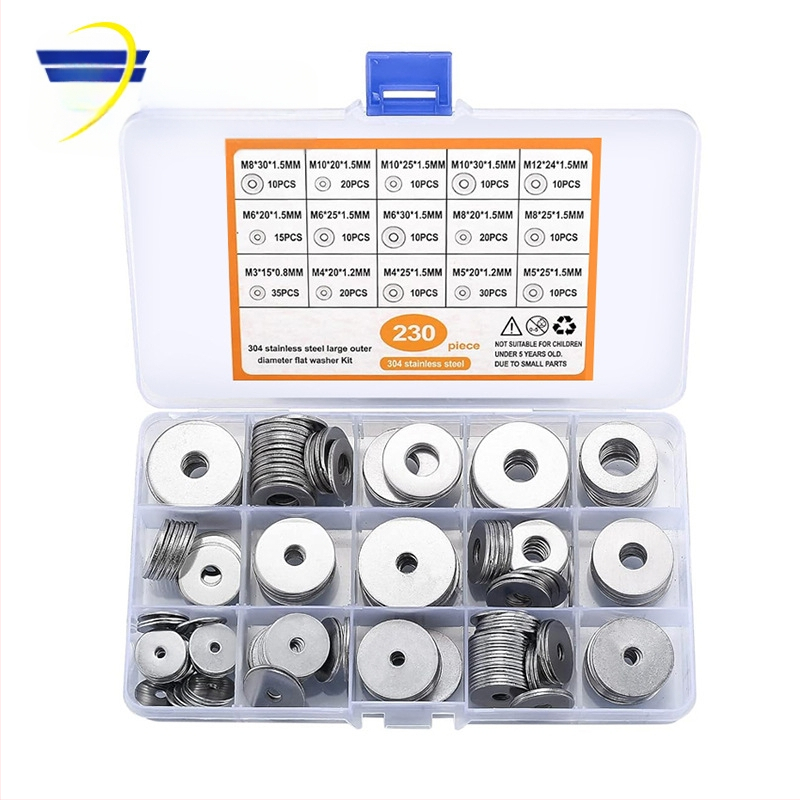 Ravne podloške od nehrđajućeg čelika 304, u kutiji, 230 komada; standard GB97/DIN125; klasa A.