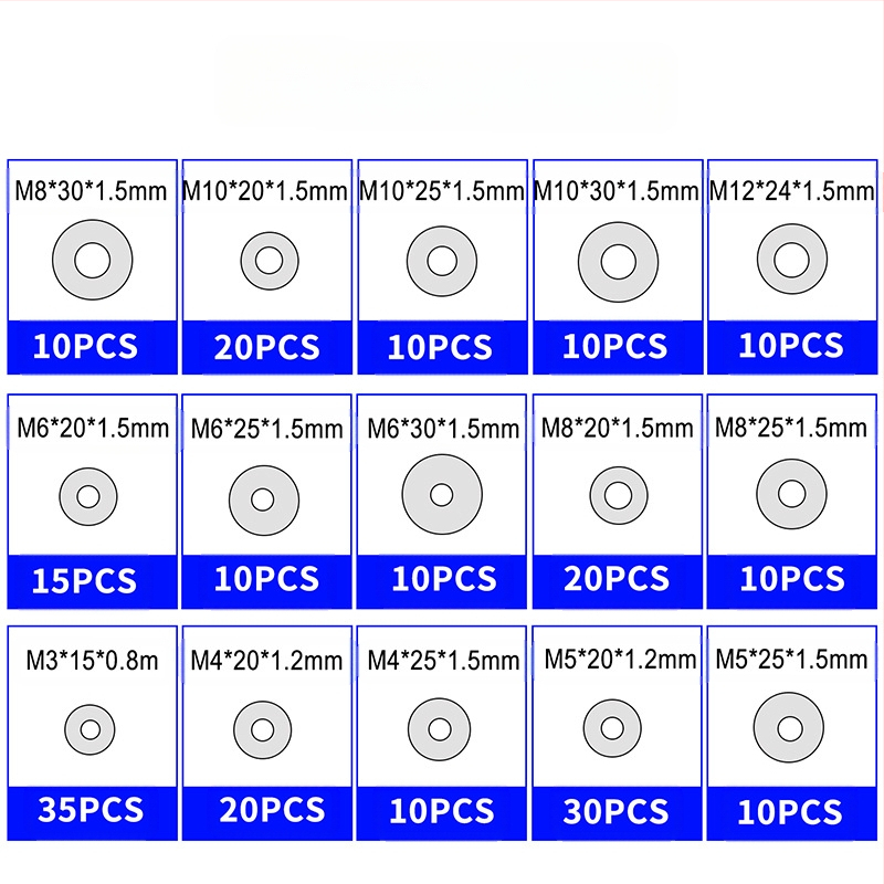 Ravne podloške od nehrđajućeg čelika 304, u kutiji, 230 komada; standard GB97/DIN125; klasa A.