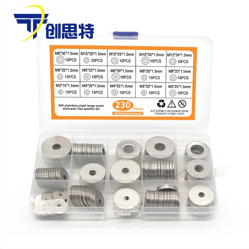 Ravne podloške od nehrđajućeg čelika 304, u kutiji, 230 komada; standard GB97/DIN125; klasa A.