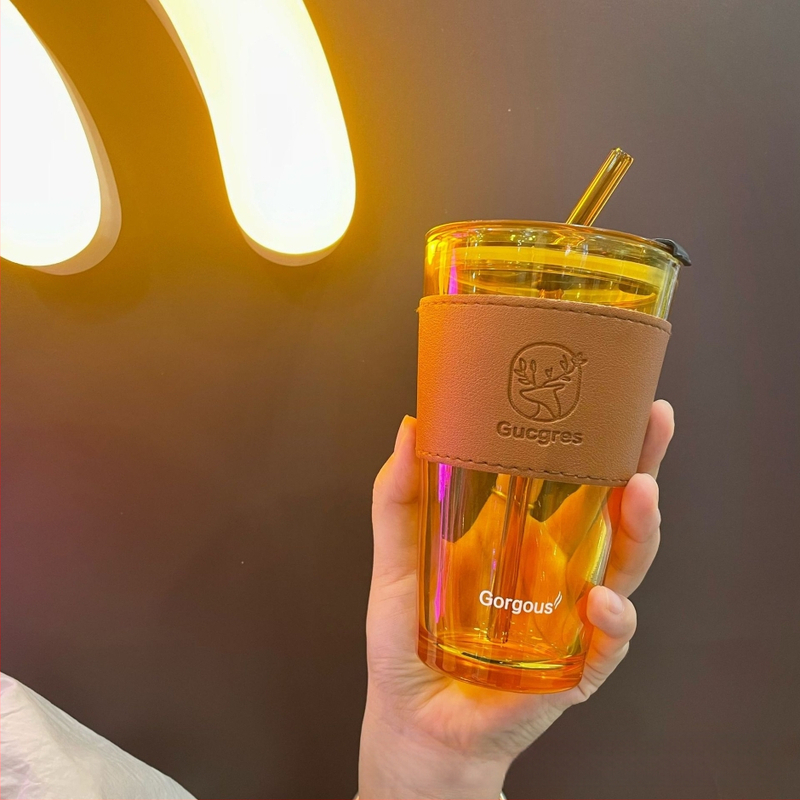 Стъклена чаша за вода с двойна стена, сламка, корейски стил, запечатана против протичане