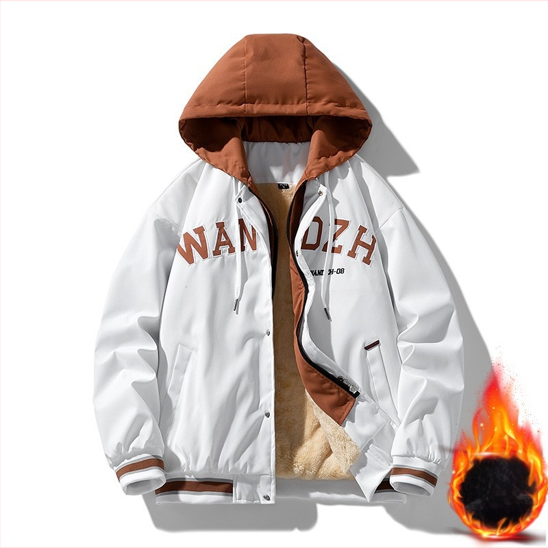 Pánska bunda s kapucňou, hip-hop štýl, stojací golier, voľný strih, jednoradové zapínanie, polyester