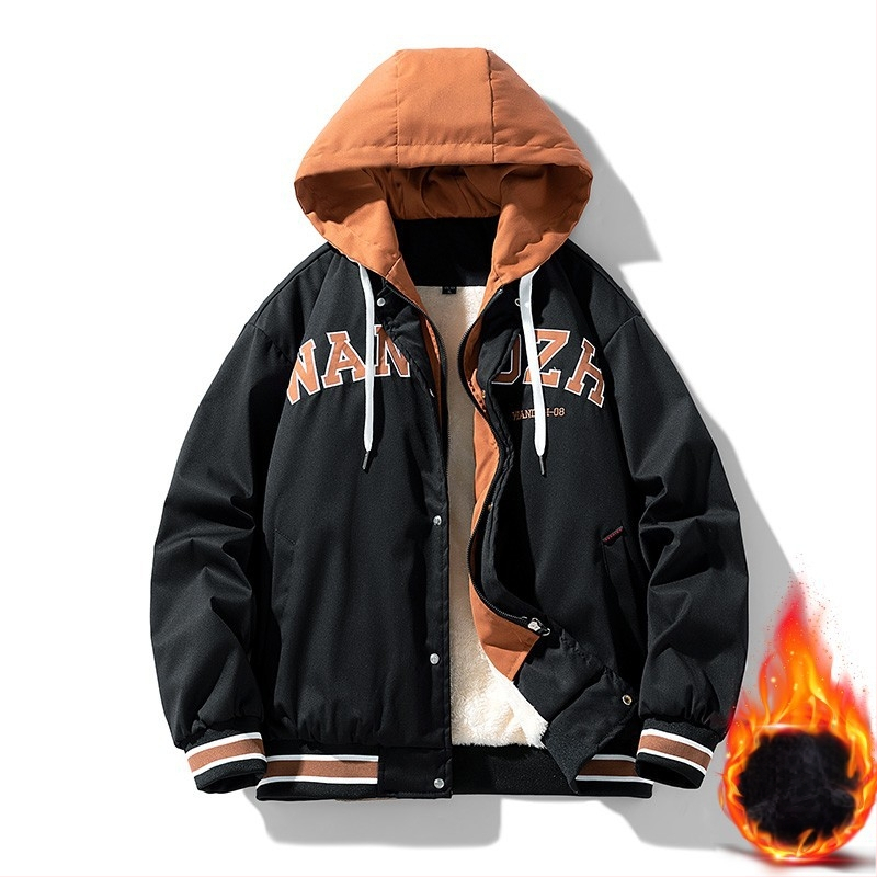 Pánska bunda s kapucňou, hip-hop štýl, stojací golier, voľný strih, jednoradové zapínanie, polyester