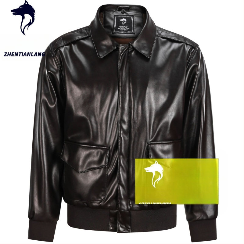 Α-2 μπουφάν πτήσης από PU δέρμα, με πέτο-λαιμό, φερμουάρ, φαρδιά γραμμή, τρισδιάστατες τσέπες με patches