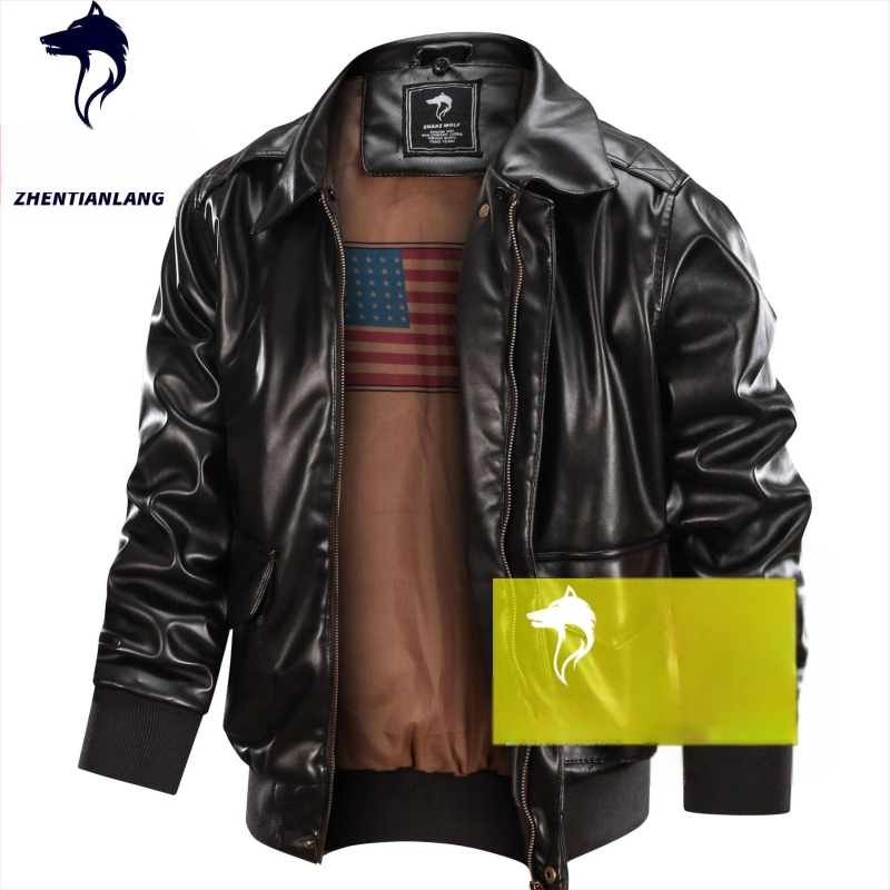 Α-2 μπουφάν πτήσης από PU δέρμα, με πέτο-λαιμό, φερμουάρ, φαρδιά γραμμή, τρισδιάστατες τσέπες με patches