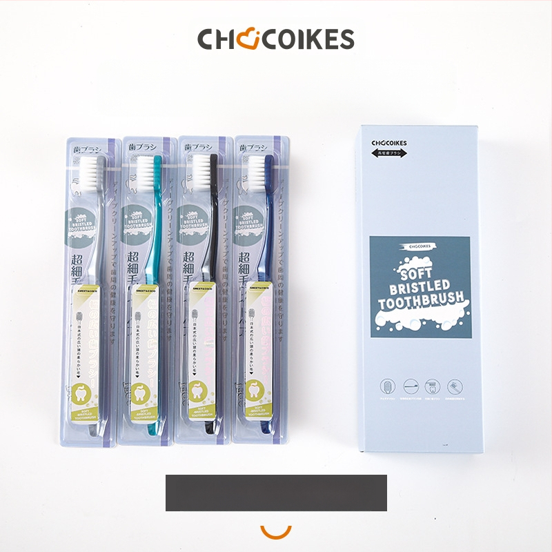 Chocoikes dantų šepetėlis, japoniško plataus galvos, minkšti šereliai, individualiai supakuotas, 4 vienetai dėžutėje