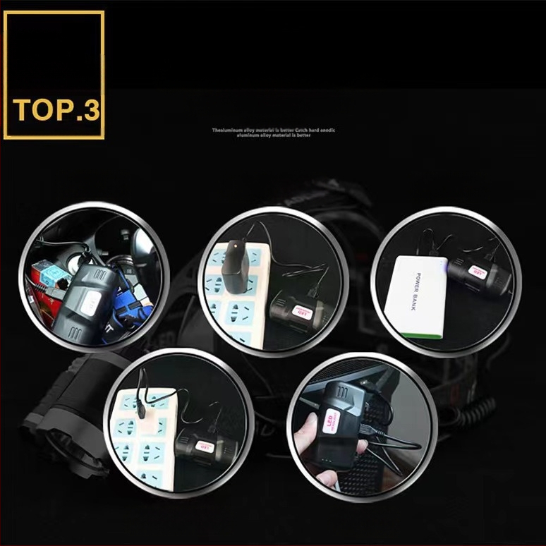 Челна лампа със 3 LED глави, презареждаща се, 10W, 2400 mAh, обхват 200–500 m за открити дейности