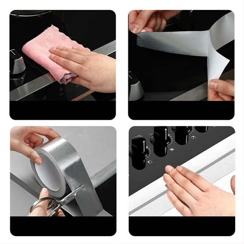 Virtuves alumīnija folijas lente, ūdensizturīga un eļļas izturīga, pretsēnīšu īpašības, augsta saķere, substrāts: alumīnija folija, biezums 0,07 mm, līme uz ūdens bāzes, ilgtermiņa temperatūras izturība 80°C, īslaicīga 120°C