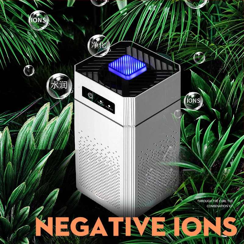 USB stalinis oro valytuvas su neigiamosiomis jonais, formaldeido šalinimas ir kvapų neutralizavimas; oro srautas >400 m³/h, triukšmo lygis <36 dB, USB maitinimas, aktyvusis anglis, UV ir ozono technologija, dengia 61 m²+