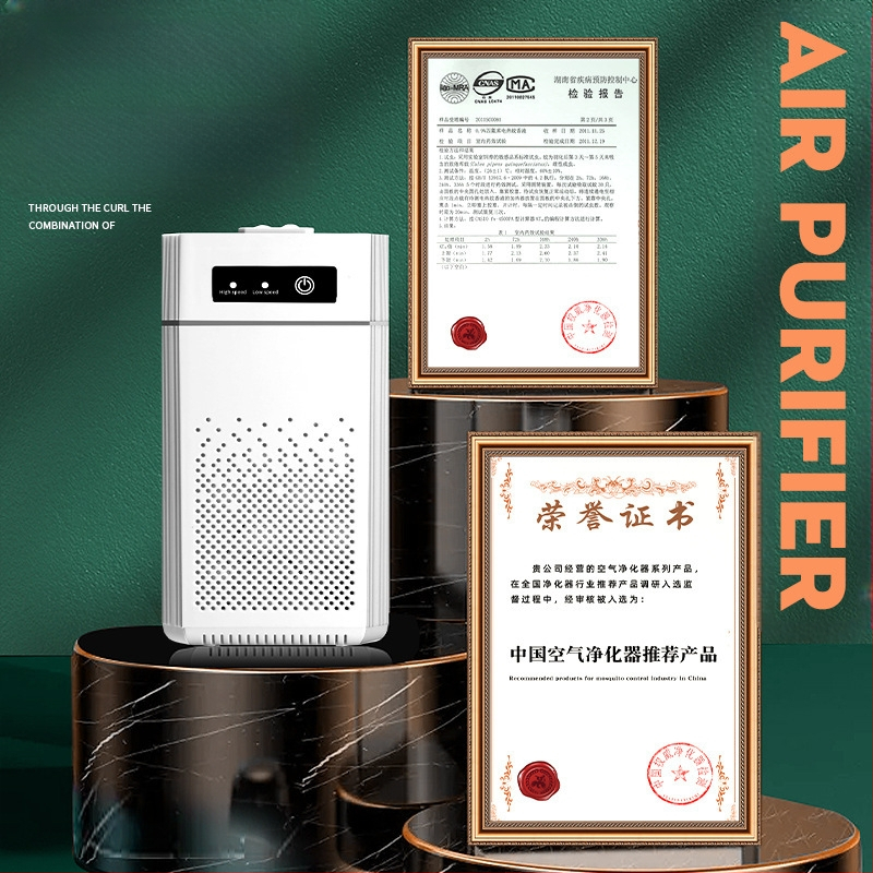 USB stalinis oro valytuvas su neigiamosiomis jonais, formaldeido šalinimas ir kvapų neutralizavimas; oro srautas >400 m³/h, triukšmo lygis <36 dB, USB maitinimas, aktyvusis anglis, UV ir ozono technologija, dengia 61 m²+