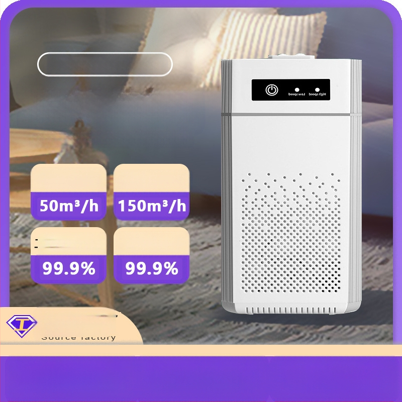 USB stalinis oro valytuvas su neigiamosiomis jonais, formaldeido šalinimas ir kvapų neutralizavimas; oro srautas >400 m³/h, triukšmo lygis <36 dB, USB maitinimas, aktyvusis anglis, UV ir ozono technologija, dengia 61 m²+