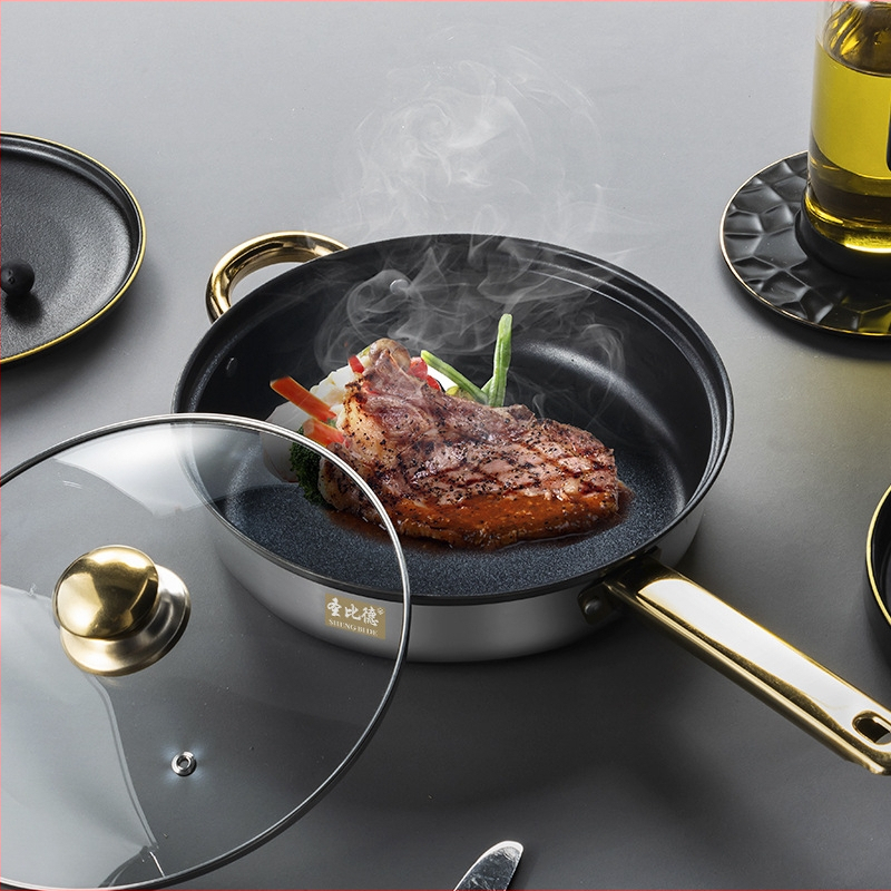 Nerūdijančio plieno 12 dalių puodų rinkinys su stikliniais dangteliais ir 3 L arbatine; universalus viryklių suderinamumas; be dangos; viengubas dugnas; bendras svoris 4 kg