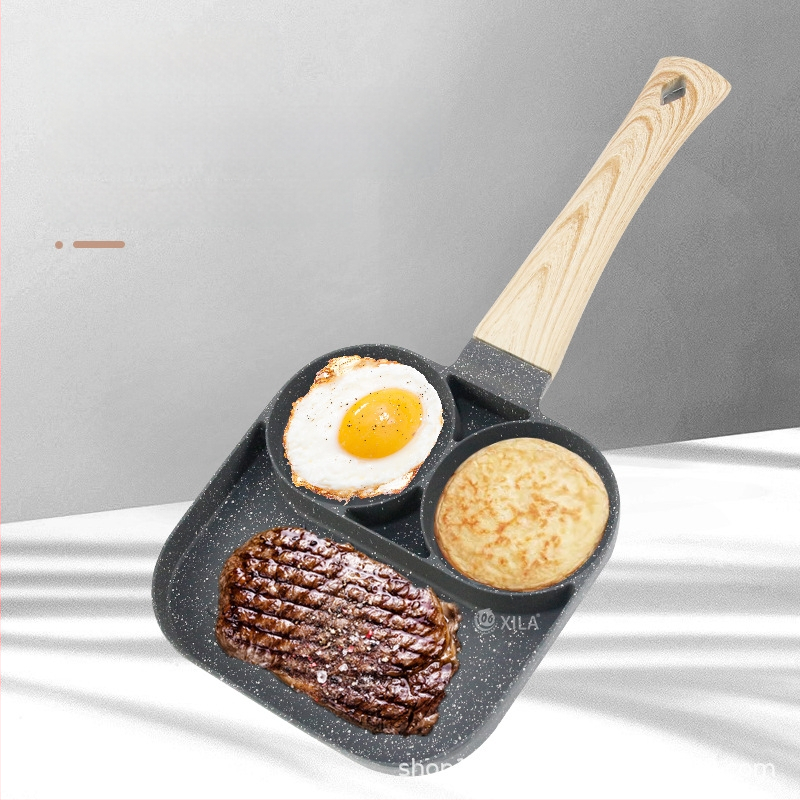 Aliuminio keturių skylių omletės keptuvė su Maifan akmens nelipniu danga, modelis XL-010, svoris 0,5 kg