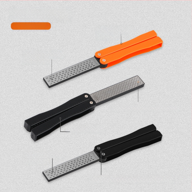 DMD peilių ašmenų šlifuoklis ventiliatoriaus formos, dvipusis, sulankstomas, nešiojamas lauko naudojimui, emery abrazyvas, grit 400/600