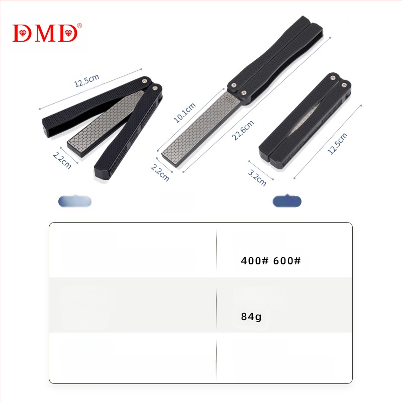 DMD peilių ašmenų šlifuoklis ventiliatoriaus formos, dvipusis, sulankstomas, nešiojamas lauko naudojimui, emery abrazyvas, grit 400/600