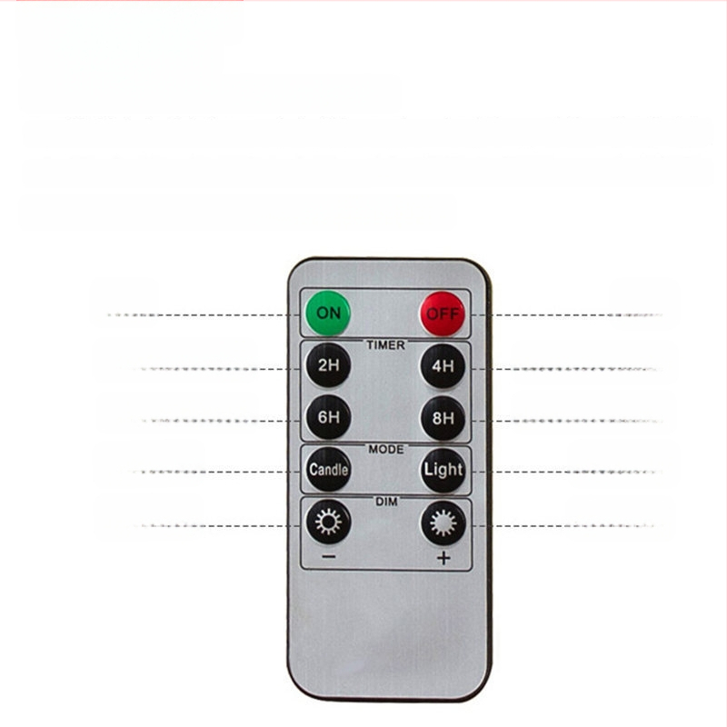 LED žvakė su 10 mygtukų nuotolinio valdymo, ilga cilindrinė plastikinė žvakė, injekcinis formavimas, logotipas spausdintas