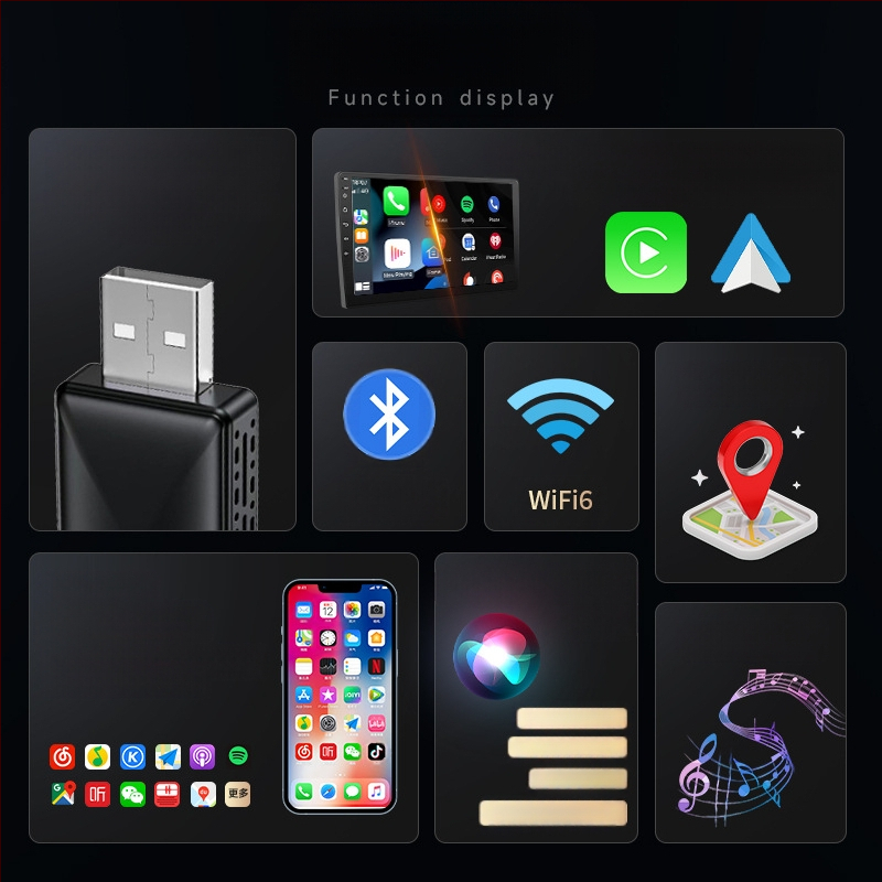 Belaidės CarPlay adapteris su belaidžiu Android Auto navigacijai automobiliuose (Svoris: 70 g; Medžiaga: Plastikas; Modelio numeris: AB019; Prekės ženklas: Thunder code; Suderinamas su 98% automobilių modelių)