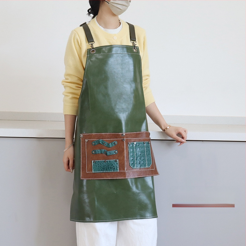 Uniszex ujj nélküli PU bőr kötény, vízálló, levehető nagy zsebbel