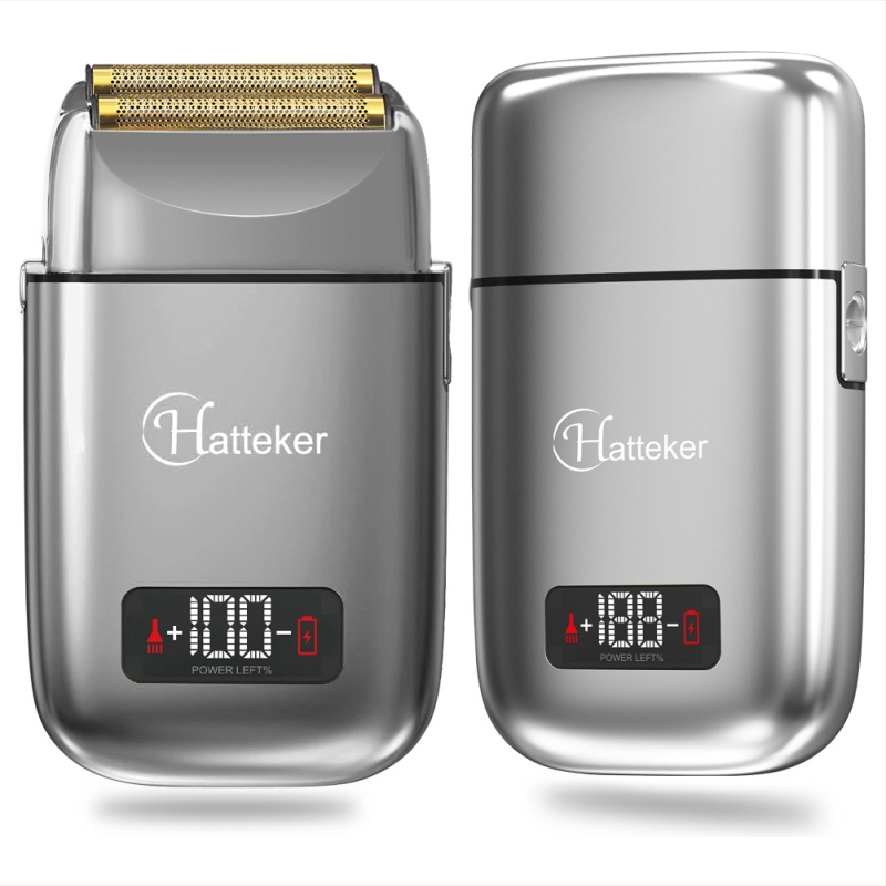 Vīriešu elektriskais skuveklis ar LCD displeju, plūstošā galva, divu asu galva, iebūvēta 500–800 mAh akumulatora, darbības laiks virs 60 minūtēm.