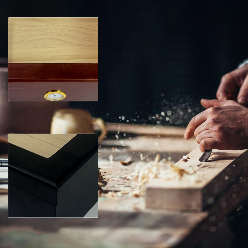 Cigarešu kastīte ar mitrinātāju, caurspīdīgs koks, atverams vāciņš, minimālistisks stils