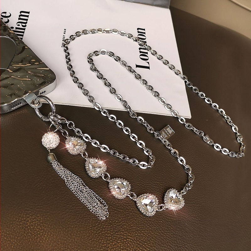 Rankų darbo lydinio telefono kaklo dirželis su rhinestone kutais pakabuku ir geometrine kabykla, universalus, metalo grandinė