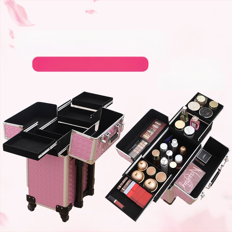 Profesionalna kolica kutija za šminku za umjetnike – PU materijal, zaključavanje, geometrijski uzorak, univerzalni kotači, otvaranje zatvaračem, Bayer, težina 5.8 kg