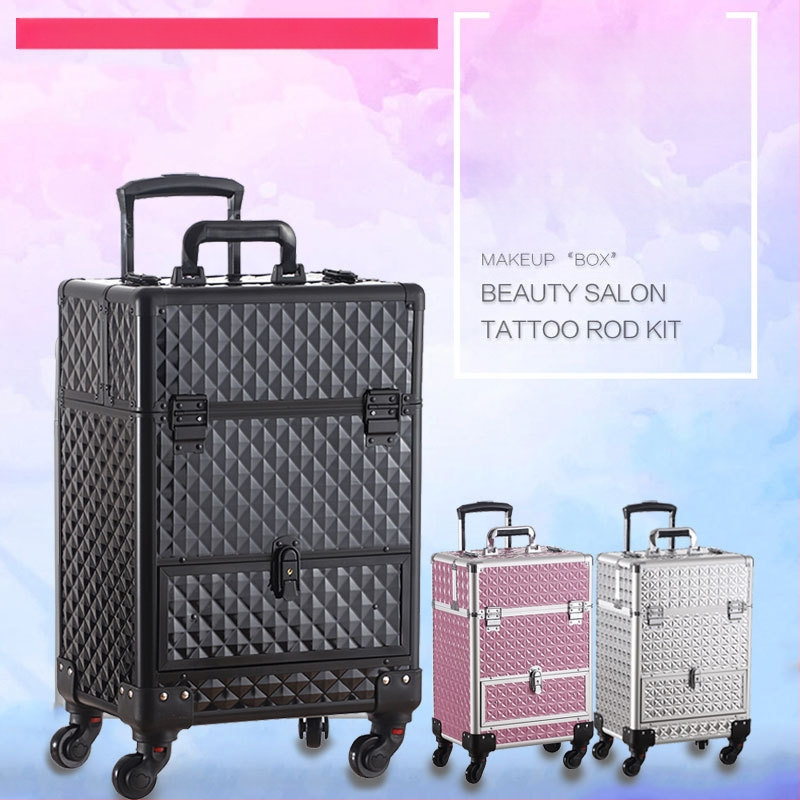 Profesionalna kolica kutija za šminku za umjetnike – PU materijal, zaključavanje, geometrijski uzorak, univerzalni kotači, otvaranje zatvaračem, Bayer, težina 5.8 kg