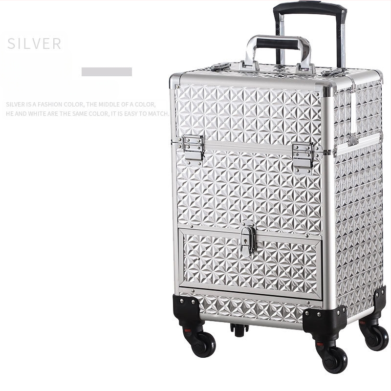 Profesionalna kolica kutija za šminku za umjetnike – PU materijal, zaključavanje, geometrijski uzorak, univerzalni kotači, otvaranje zatvaračem, Bayer, težina 5.8 kg