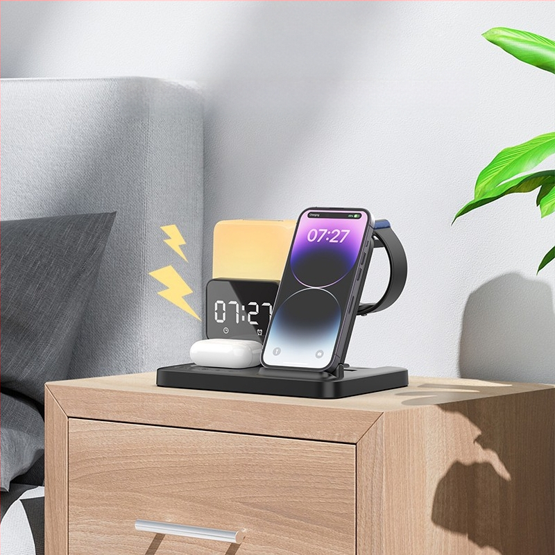 Stilīgs saliekams bezvadu uzlādes statīvs ar apkārtnes naktsgaismas funkciju — seši vienā, magnētiskā uzlāde, Qi/QC3.0, līdz 15W, saderīgs ar iPhone, Apple Watch un AirPods