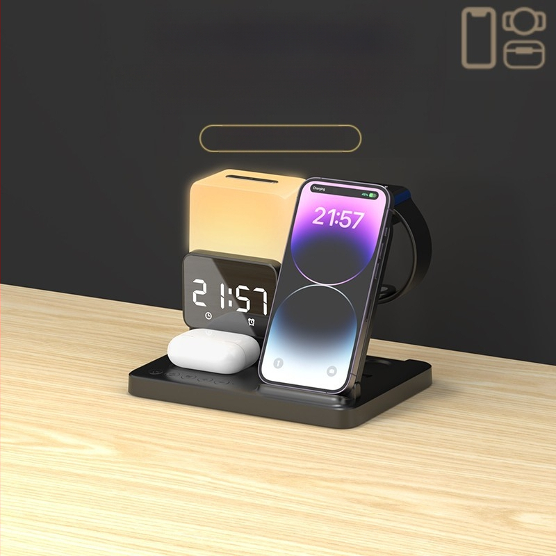 Stilīgs saliekams bezvadu uzlādes statīvs ar apkārtnes naktsgaismas funkciju — seši vienā, magnētiskā uzlāde, Qi/QC3.0, līdz 15W, saderīgs ar iPhone, Apple Watch un AirPods