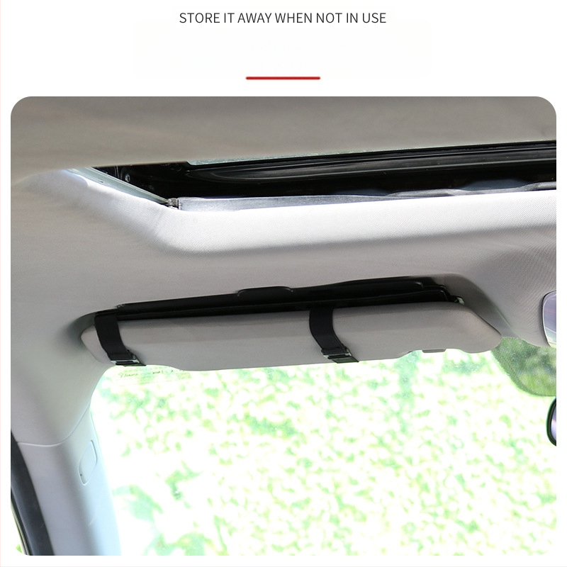 Automobilio saulės skydelis su ištraukiama akių apsauga – Medžiaga: PU oda + PC/PP plokštės; Prisitaikymas: Taip; Logotipo atspaudas: Taip; Montavimas: sagtis; Svoris: 250 g