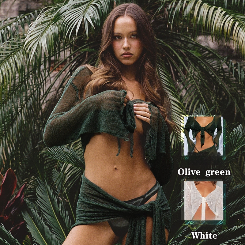 Γυναικείος τοπ παραλλίας με διχτυωτά πάνελ, μακριά μανίκια, κορδόνια, wrap σχέδιο στο στήθος, σετ με φούστα overlay; πολυεστέρας, 80-90% περιεκτικότητα πολυεστέρα, 240 g/m2, επένδυση πολυεστέρας