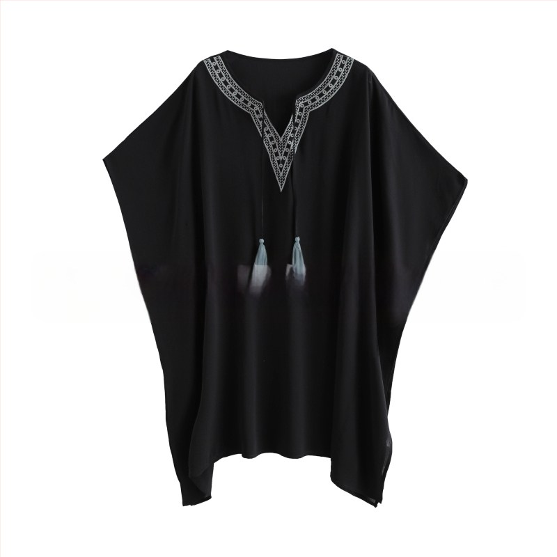 Siuvinėta šifoninė pliažo palaidinė su geometriniu raštu, laisvas kirpimas, V kaklo iškirptė, poliesteris