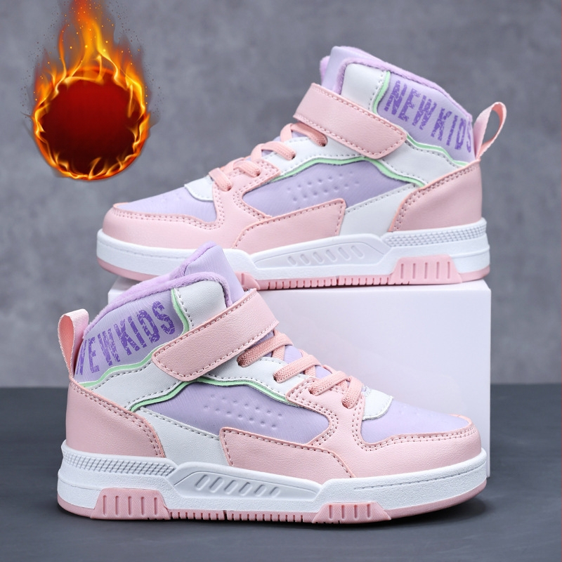 Bērnu ziemas augstas kurpes ar pūkaino iekšpusi, universālas, Velcro aizdare, bieza neslidīga zole