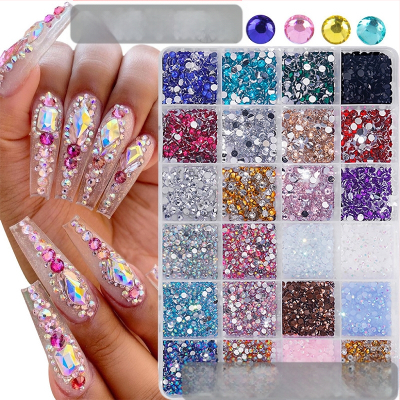 Mo ran AB fluorescencijske resin rhinestones za nokte, s plosnim stražnjim dijelom, kutija s 24 odjeljaka, Princess serija, za DIY nakit