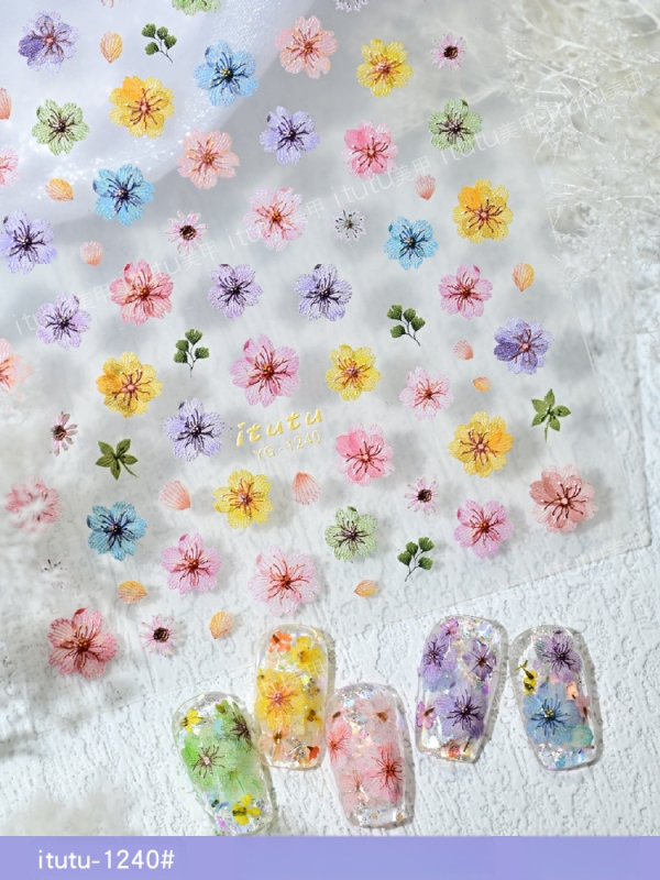 Naljepnice za nokte s osušenim cvijećem, ultra tanke, reljefne, dekorativni cvjetni dizajn (Materijal: naljepnica; Uzorak: cvijeće; Serija: osušeno cvijeće; Marka: Itutu)