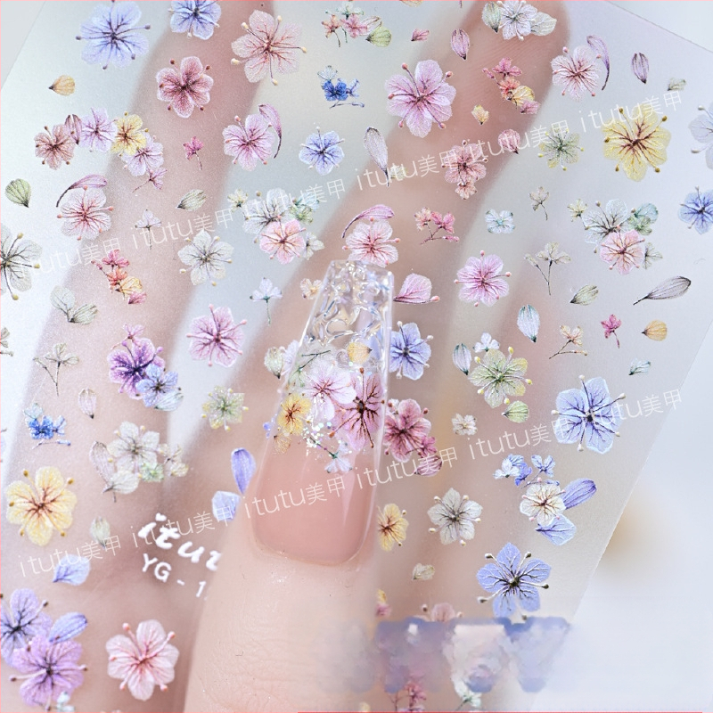 Naljepnice za nokte s osušenim cvijećem, ultra tanke, reljefne, dekorativni cvjetni dizajn (Materijal: naljepnica; Uzorak: cvijeće; Serija: osušeno cvijeće; Marka: Itutu)