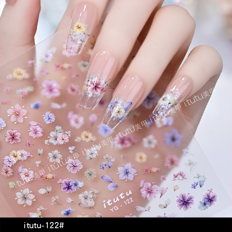 Naljepnice za nokte s osušenim cvijećem, ultra tanke, reljefne, dekorativni cvjetni dizajn (Materijal: naljepnica; Uzorak: cvijeće; Serija: osušeno cvijeće; Marka: Itutu)