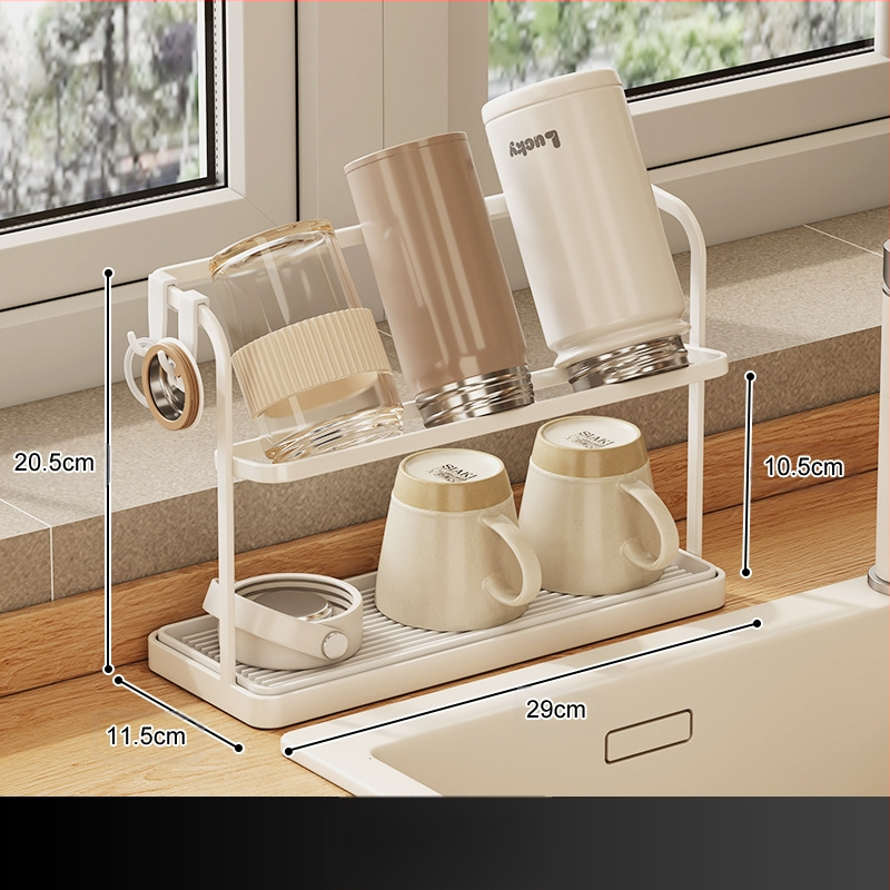 Puodelių laikiklis — dviejų sluoksnių, apversto drenažo dizainas, iš anglies plieno, stalinis arba pakabinamas montavimas, be gręžimo